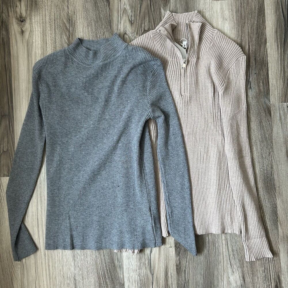 Bundle Of 2 NWT Ribbed Sweaters - Gray Mock Neck + Beige Quarter Zip Size Small